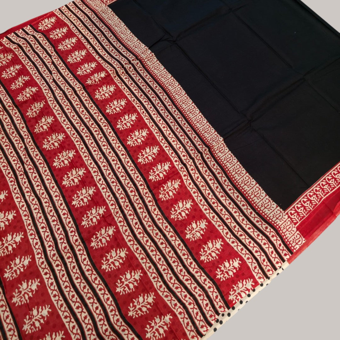 Crimson and Black Hand blocked Mul cotton Saree