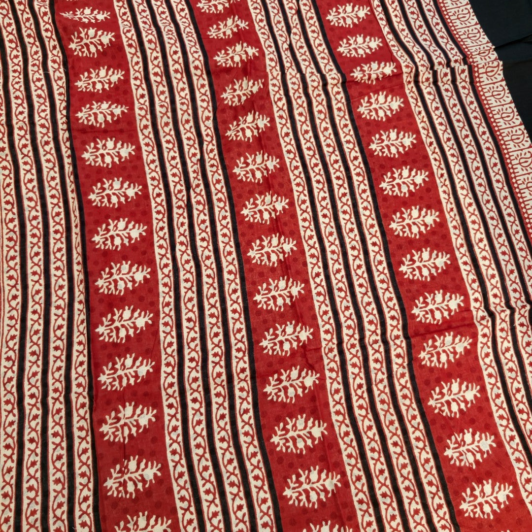 Crimson and Black Hand blocked Mul cotton Saree