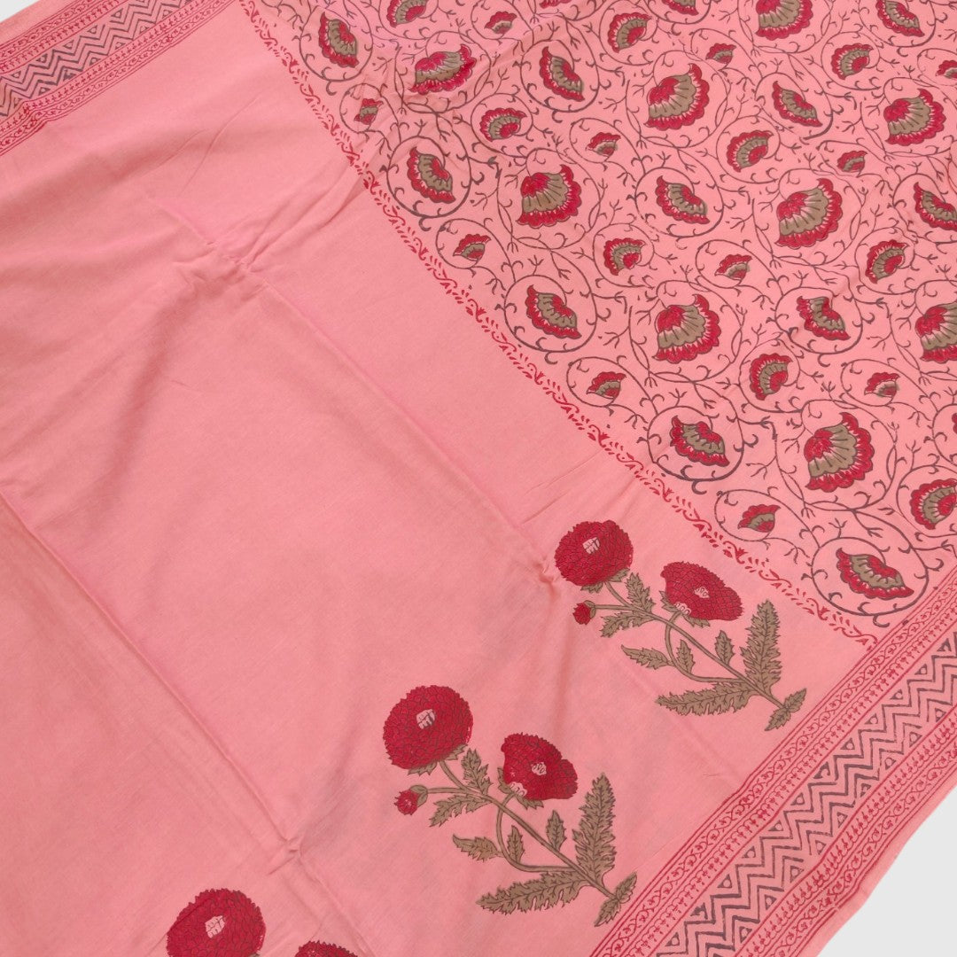 Pink floral  Hand Block Mul cotton Saree