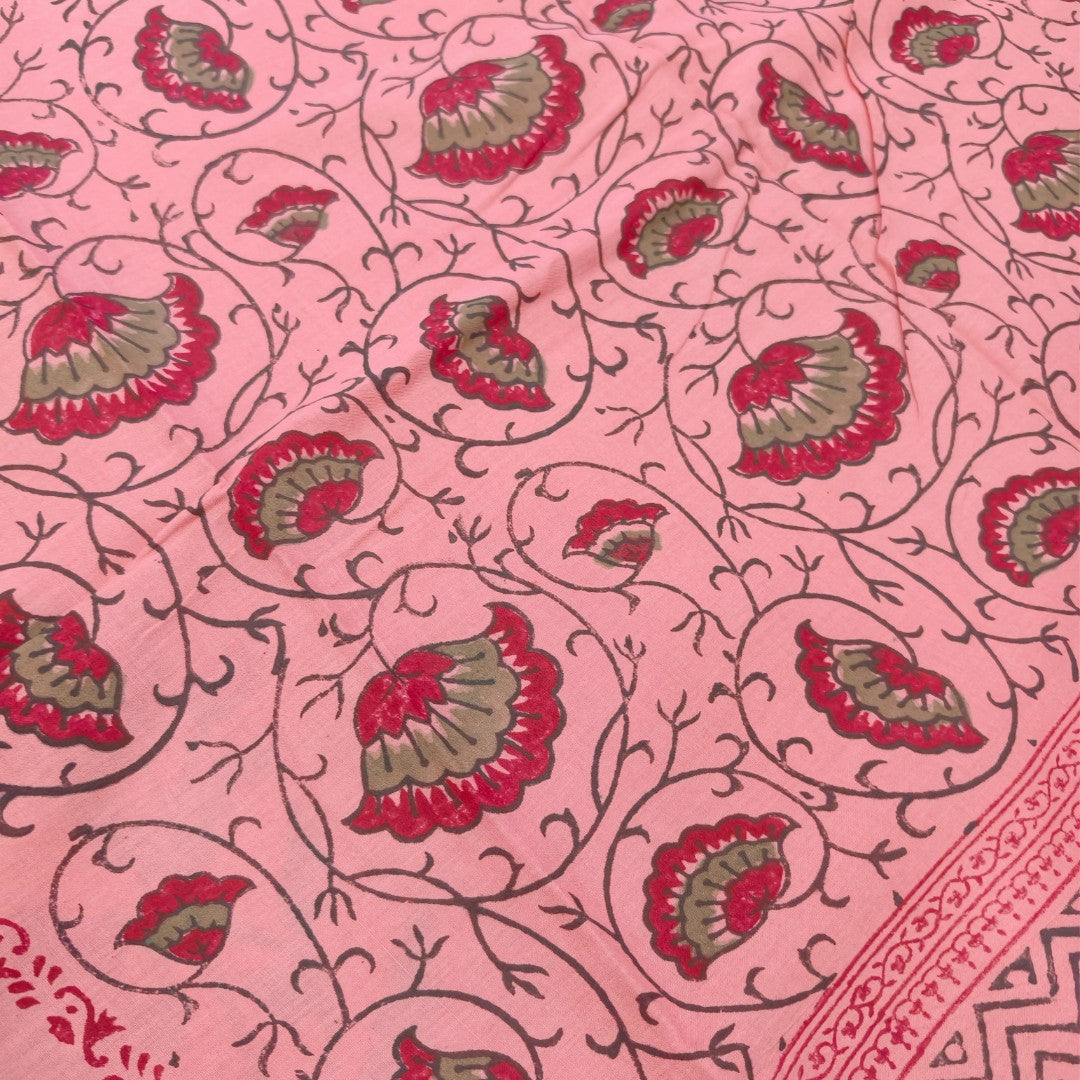 Pink floral  Hand Block Mul cotton Saree