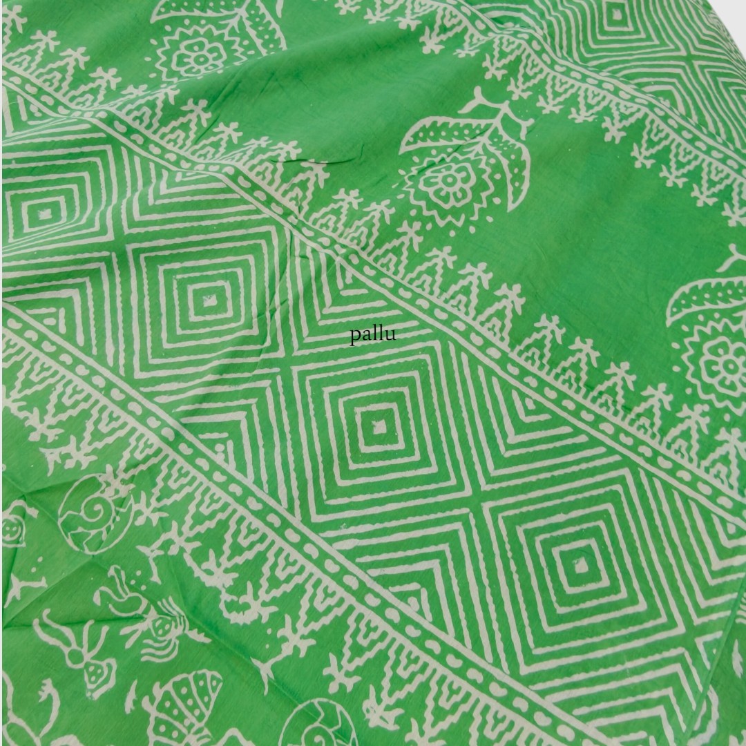 Green Folk Handblock Mul Cotton Saree