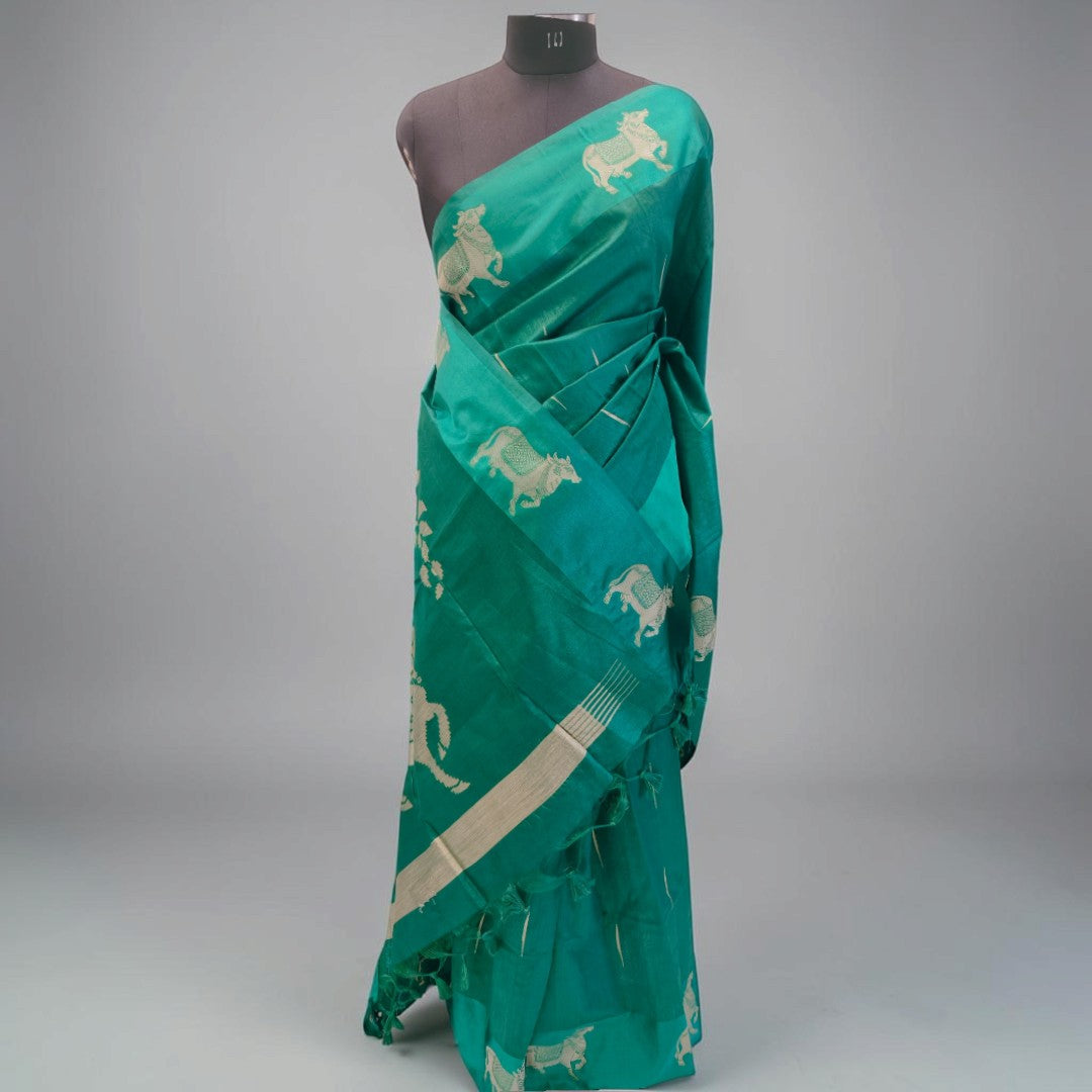 Peacock Teal Nandi Art Silk Saree