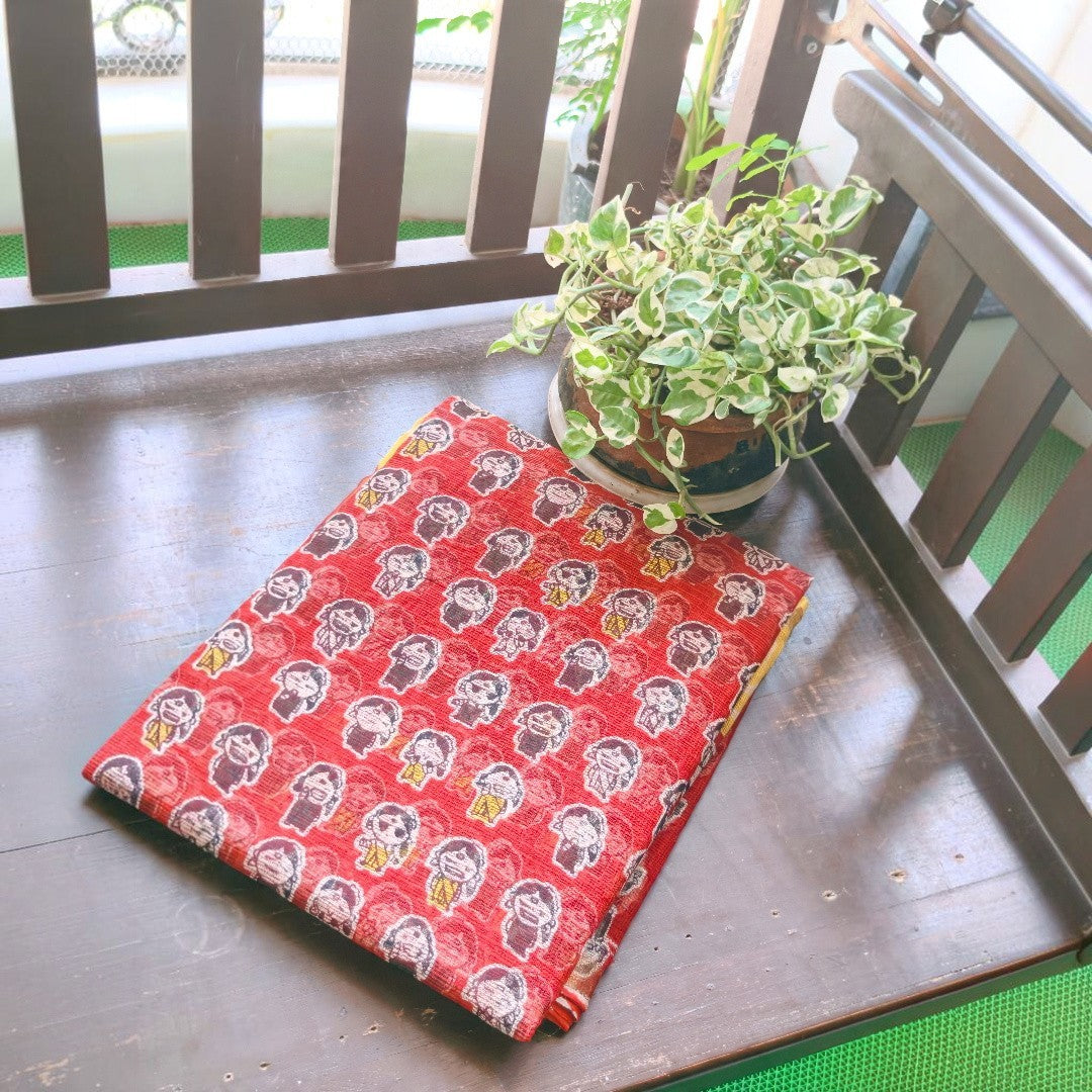 Quirky Girls – Brick Red Kota Doria with Hand Block Prints