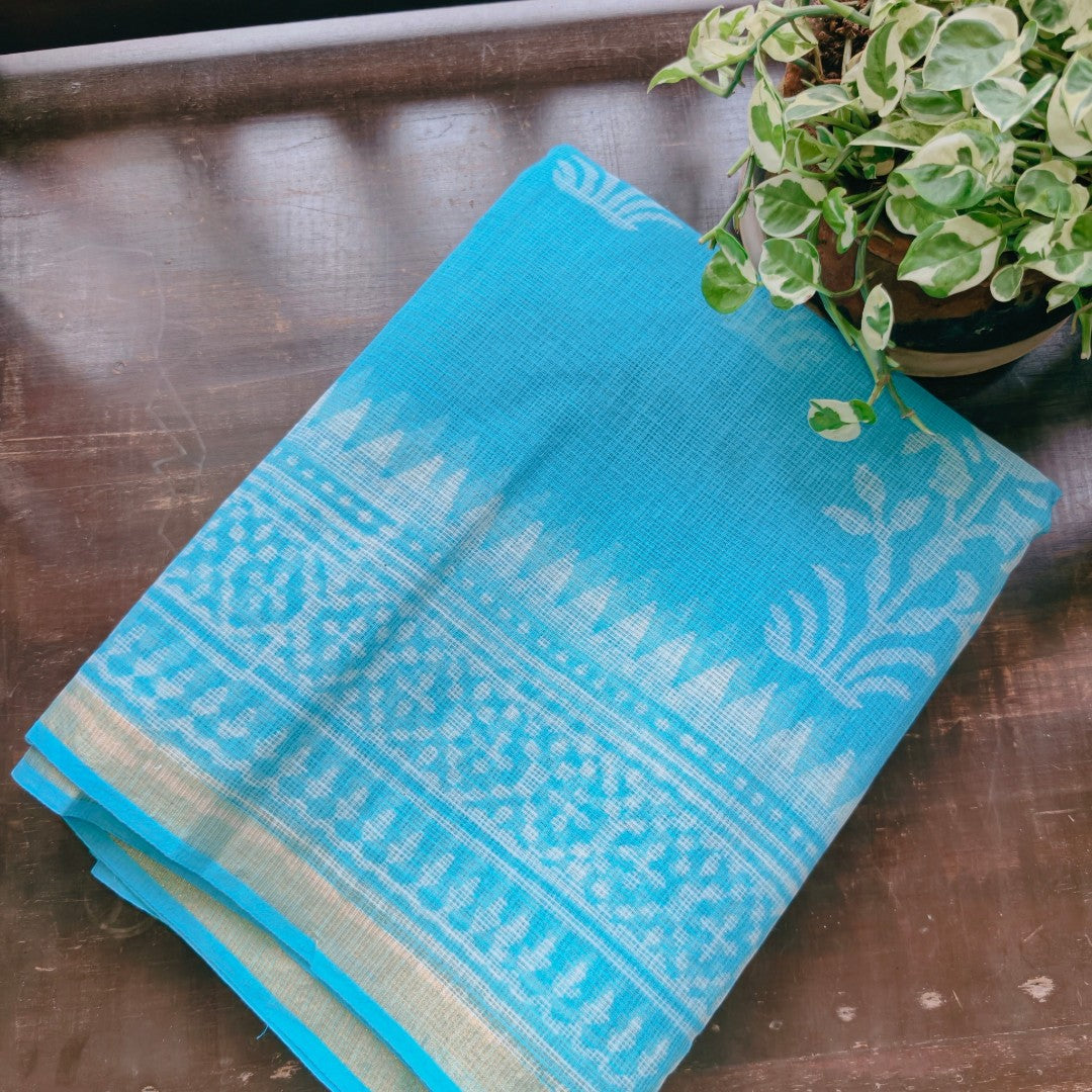 Blue Dusk Kota Doria with Floral Block Prints
