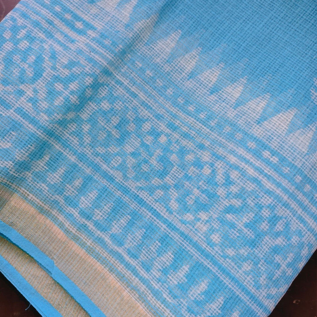 Blue Dusk Kota Doria with Floral Block Prints