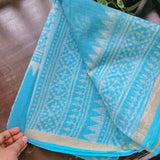 Blue Dusk Kota Doria with Floral Block Prints