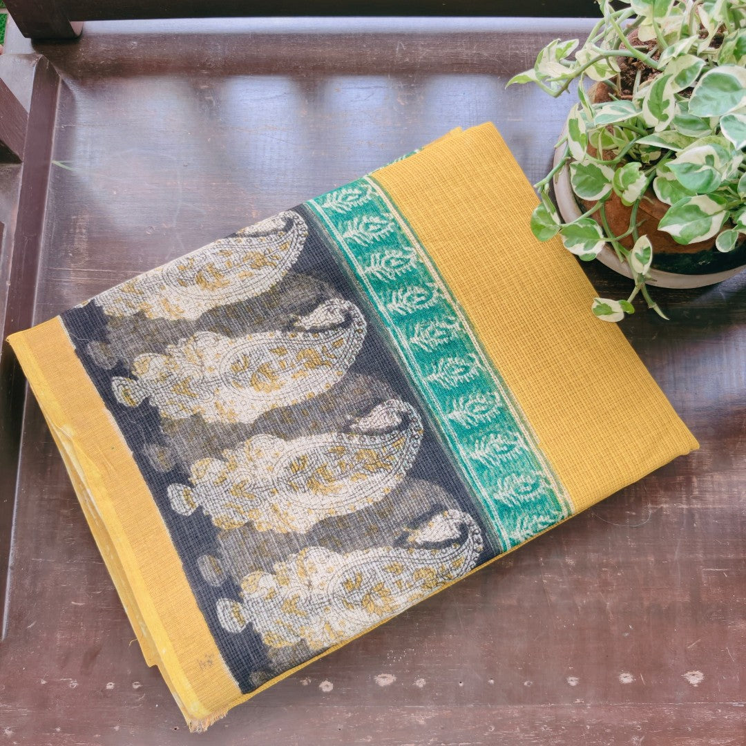 Mustard Paisley  Kota Doria with Hand Block Prints