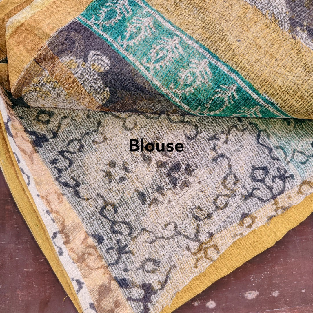 Mustard Paisley  Kota Doria with Hand Block Prints