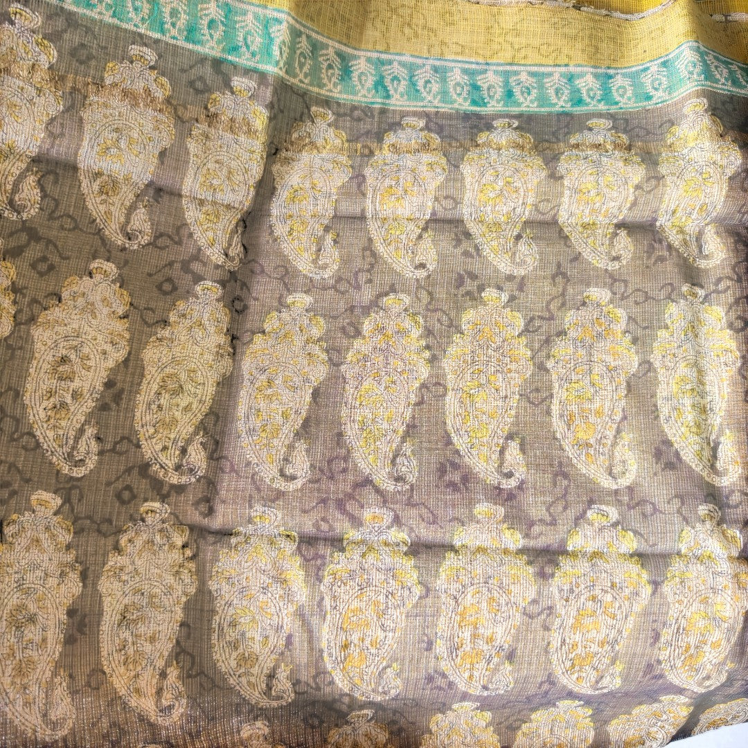Mustard Paisley  Kota Doria with Hand Block Prints