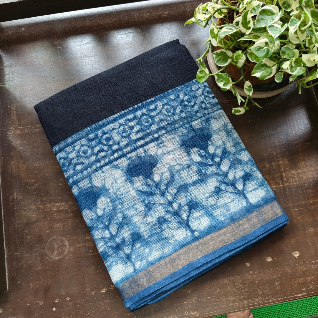 Indigo Blooms – Black Kota Doria with Bagru Prints