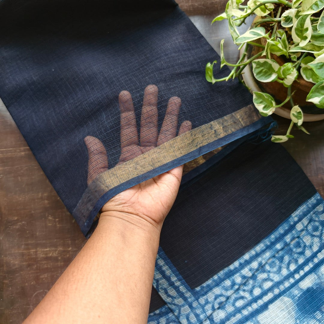 Indigo Blooms – Black Kota Doria with Bagru Prints