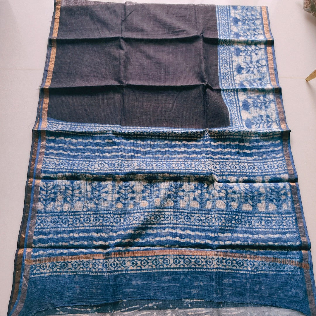 Indigo Blooms – Black Kota Doria with Bagru Prints