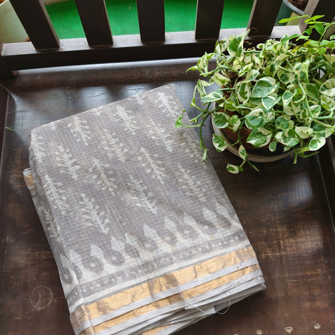 Silver Taupe Tales – Kota Doria with Traditional Block Prints