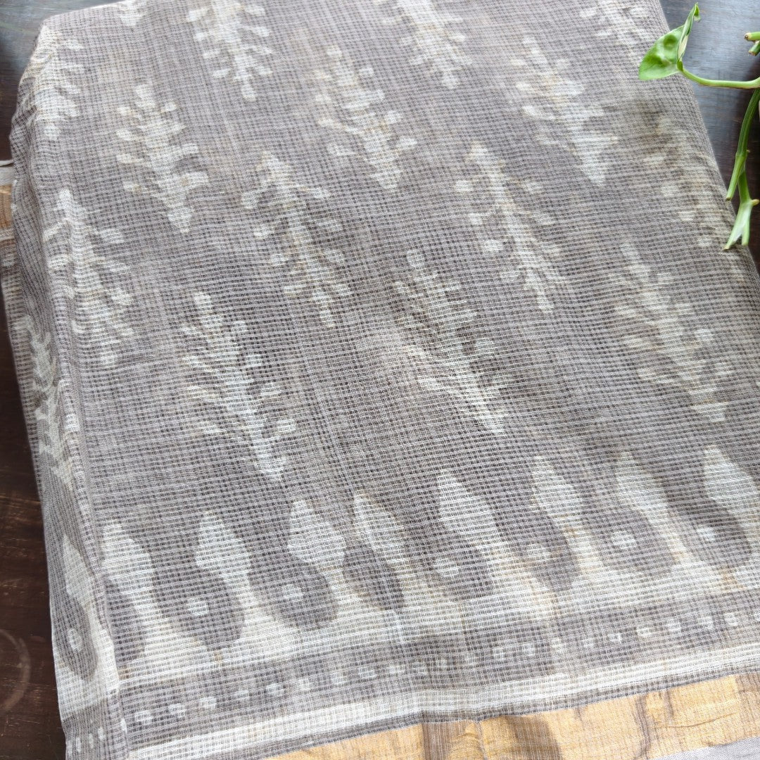 Silver Taupe Tales – Kota Doria with Traditional Block Prints