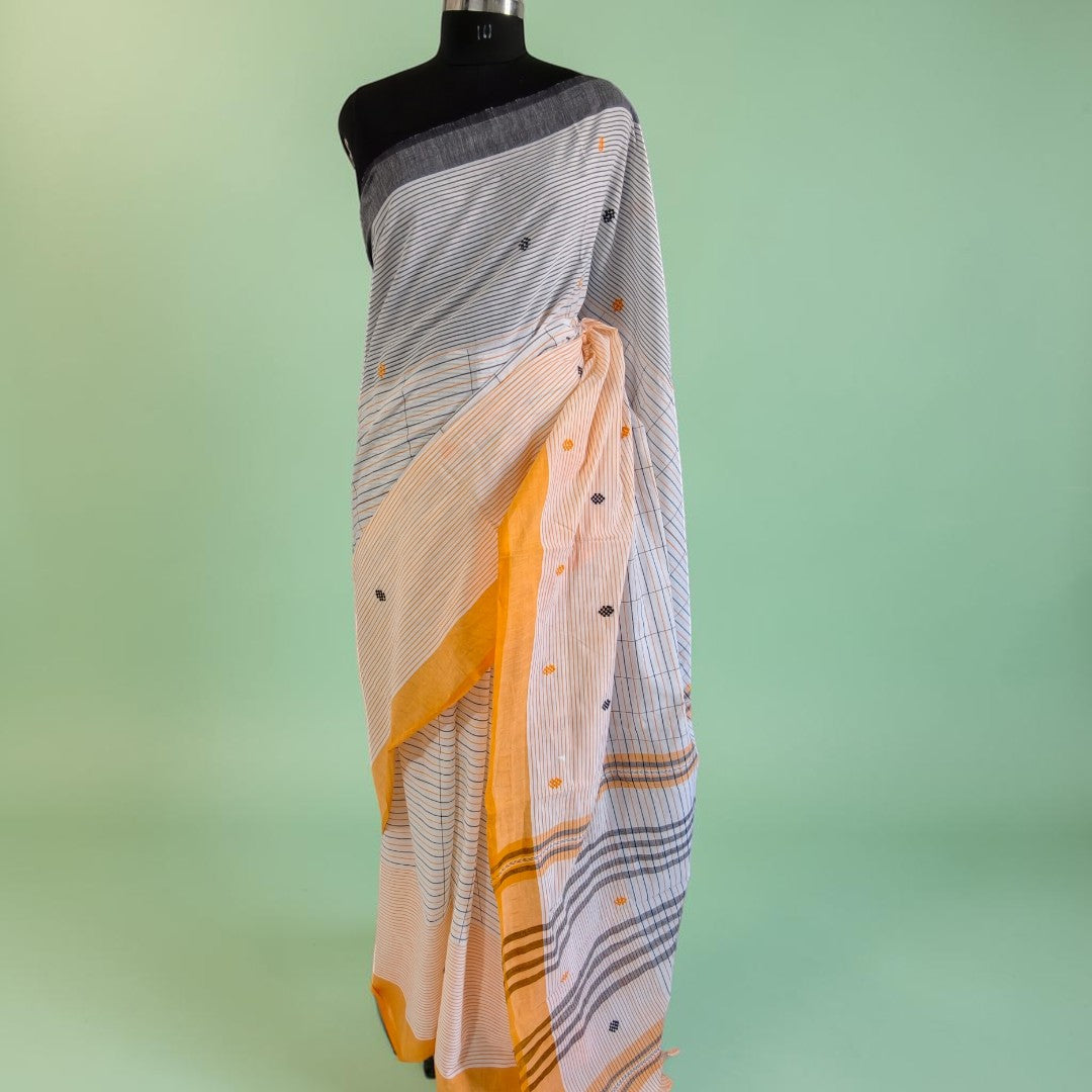 Ivory Stripes & Mustard Charm – Pure Handloom Saree