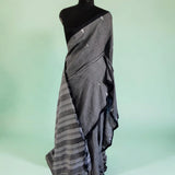 Smoky Charcoal Mul Cotton Saree with Striped Pallu