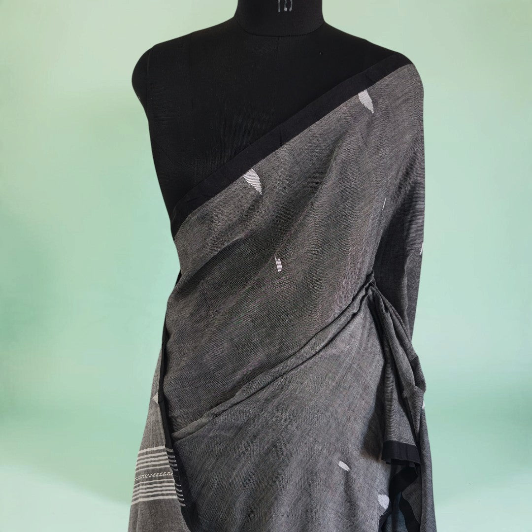 Smoky Charcoal Mul Cotton Saree with Striped Pallu