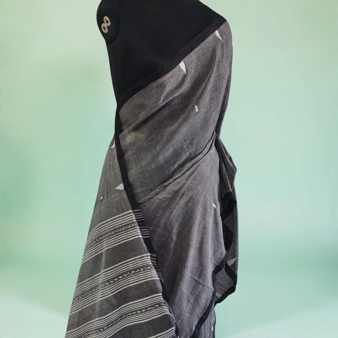 Smoky Charcoal Mul Cotton Saree with Striped Pallu