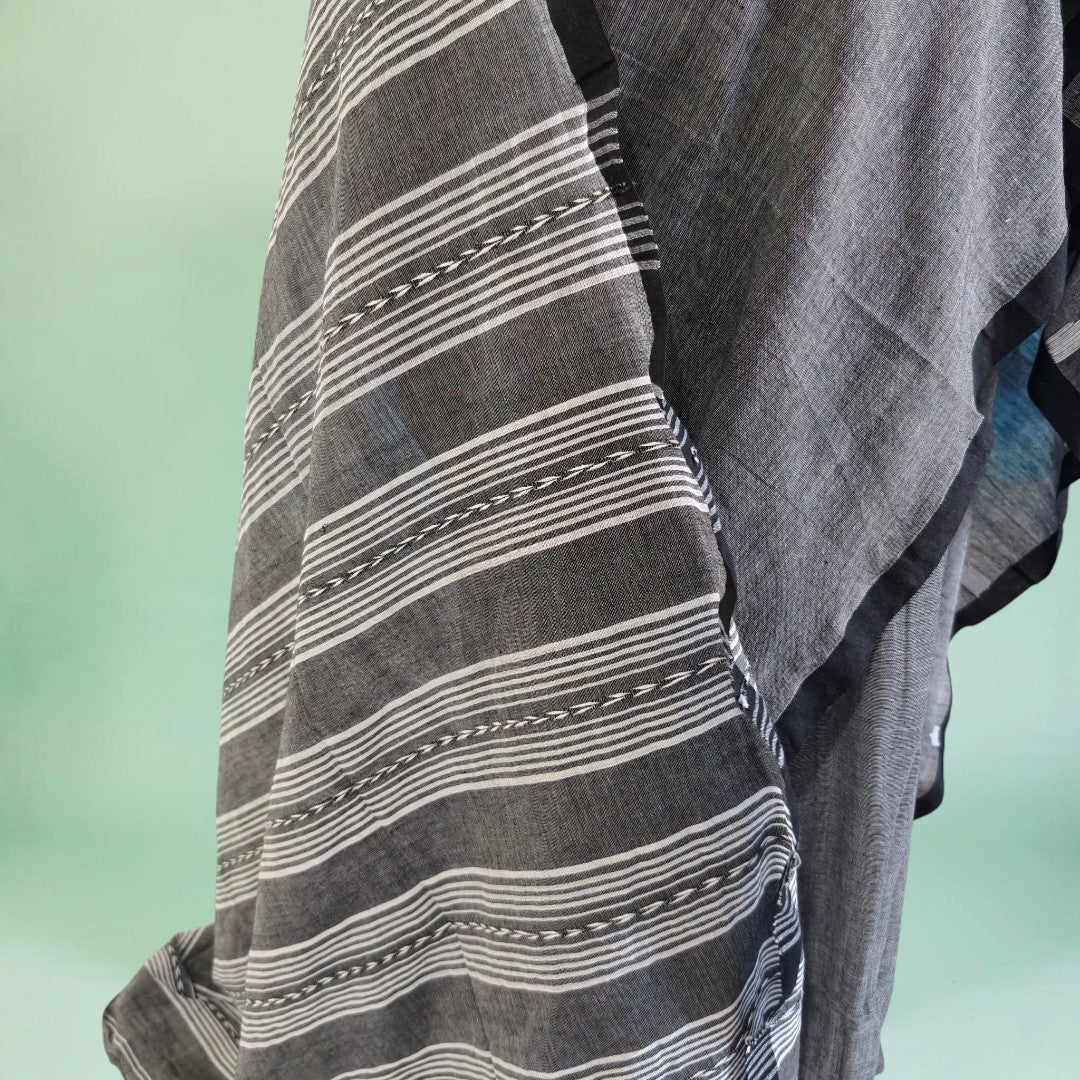 Smoky Charcoal Mul Cotton Saree with Striped Pallu