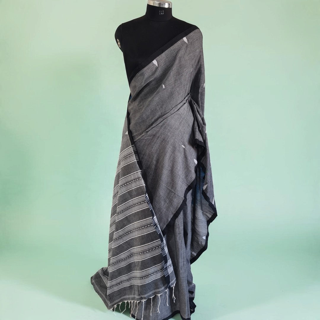 Smoky Charcoal Mul Cotton Saree with Striped Pallu