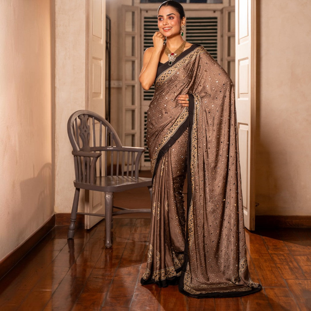 Midnight Mocha Ajrakh Mirror Saree
