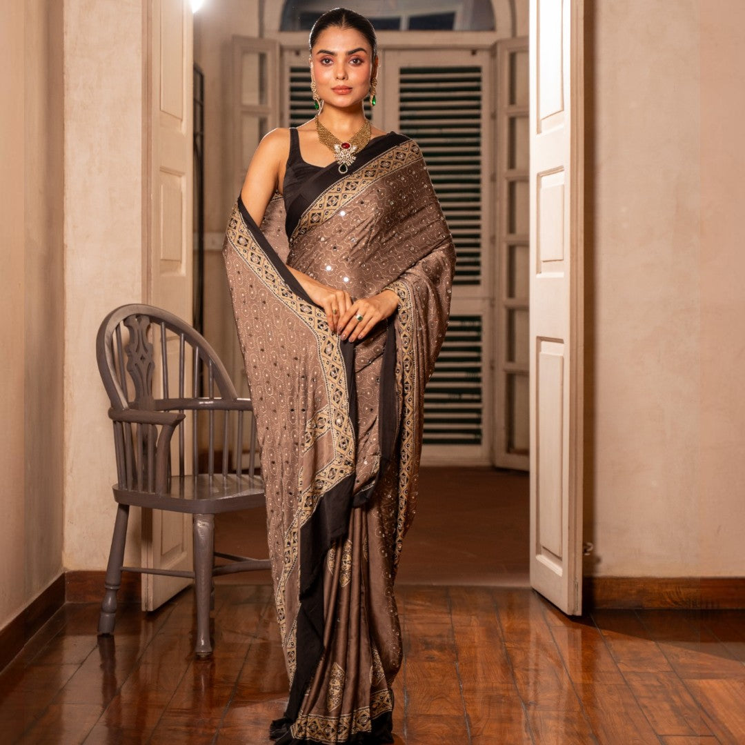 Midnight Mocha Ajrakh Mirror Saree
