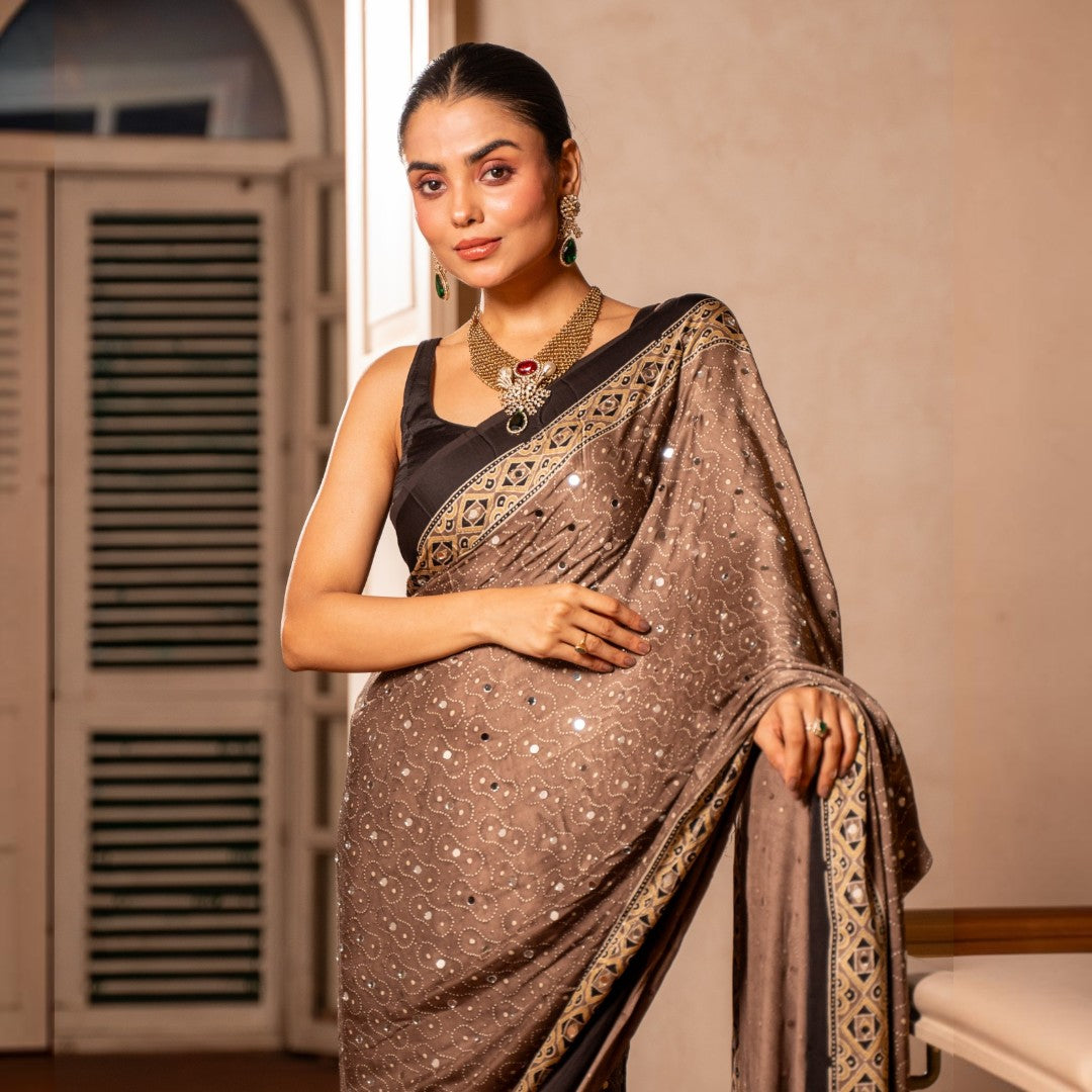 Midnight Mocha Ajrakh Mirror Saree
