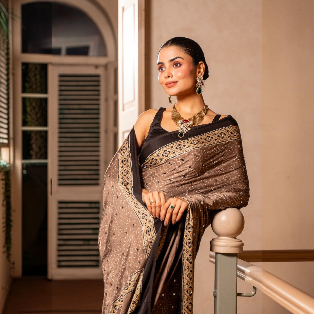 Midnight Mocha Ajrakh Mirror Saree