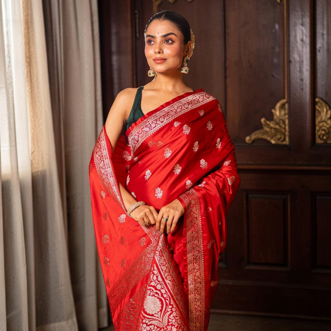 Red Banarasi Mashru Katan Silk Saree
