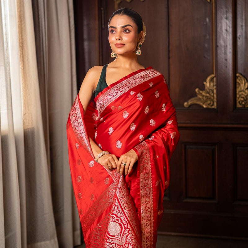 Red Banarasi Mashru Katan Silk Saree