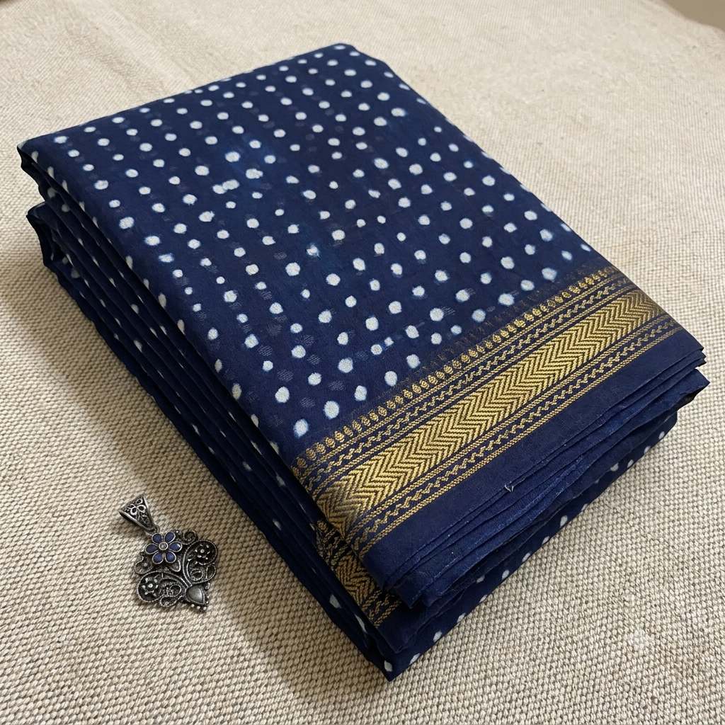 Indigo Polka Maheshwari - SareeShaastra Block Print Maheshwari Silk saree