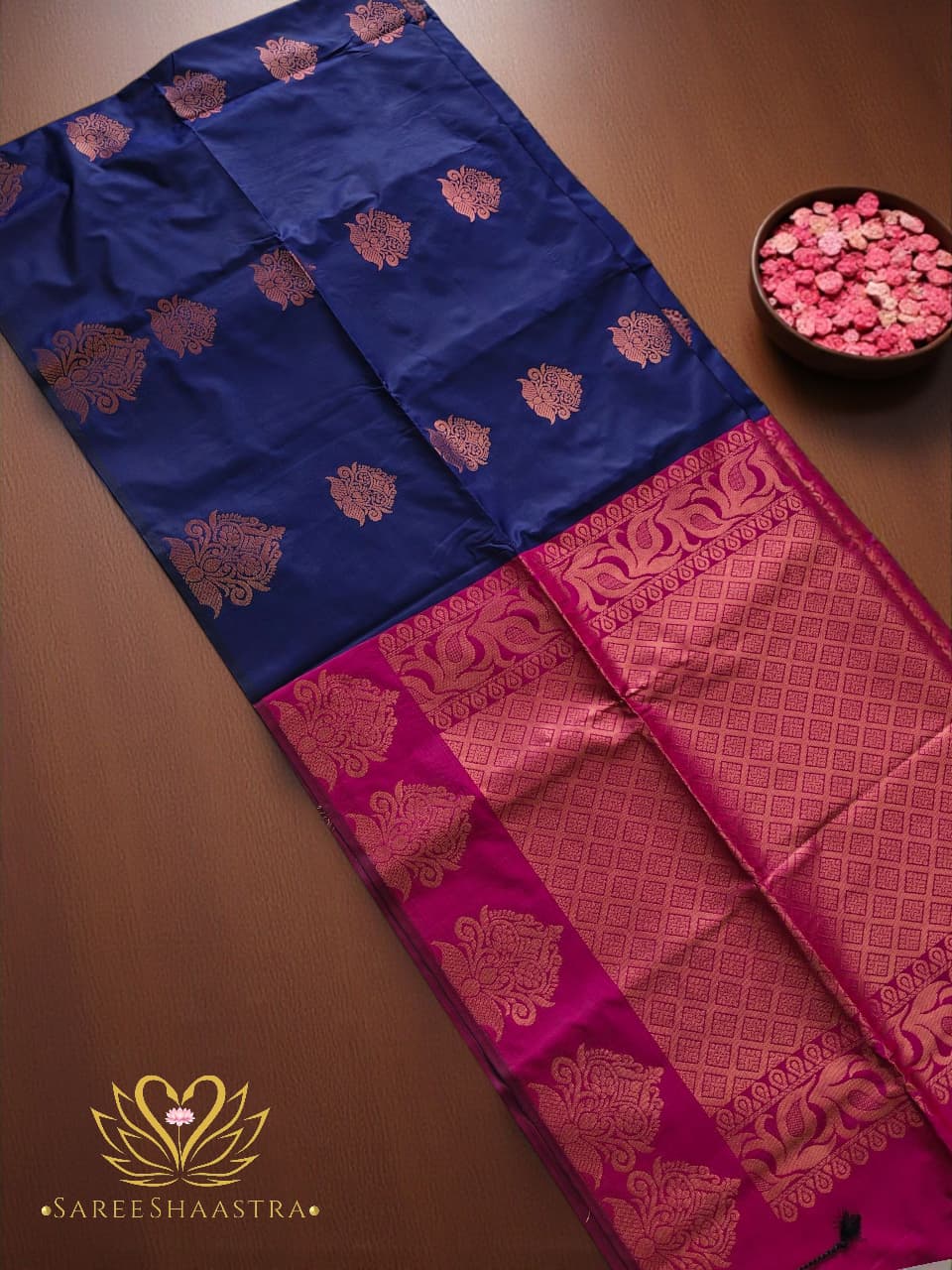 Deep Blue Zari Floral Motif Semi Silk