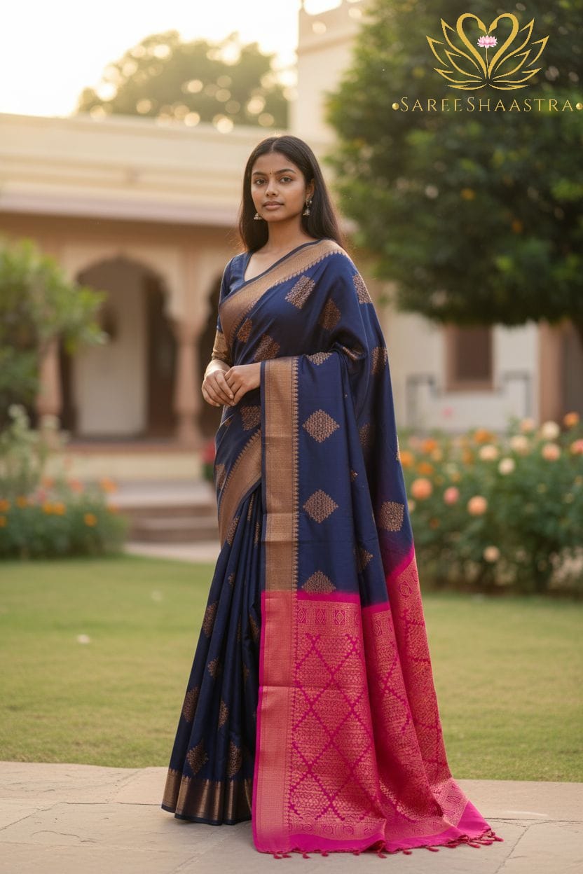 Midnight Blue Diamond Motif Semi Silk