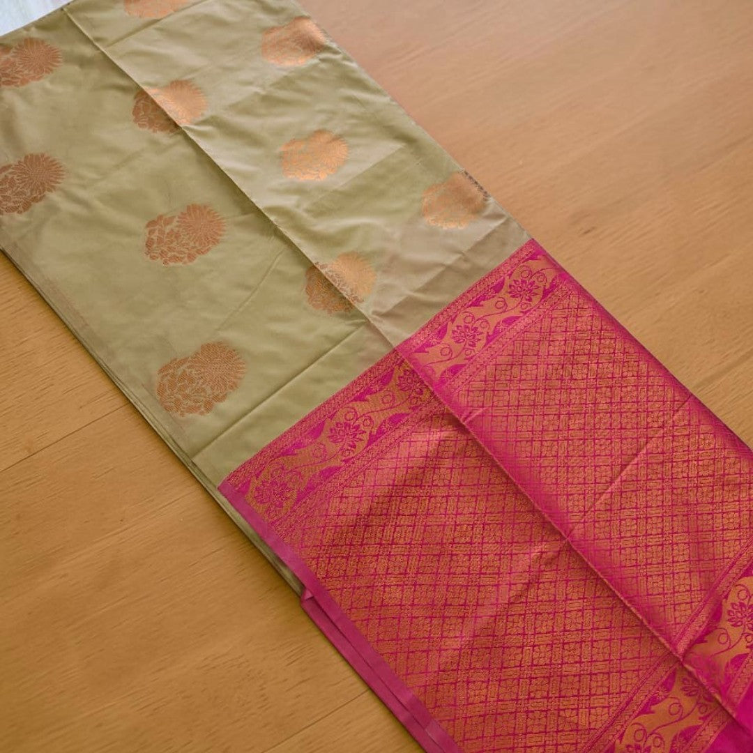 Beige and Pink Floral Motif Soft Silk Saree