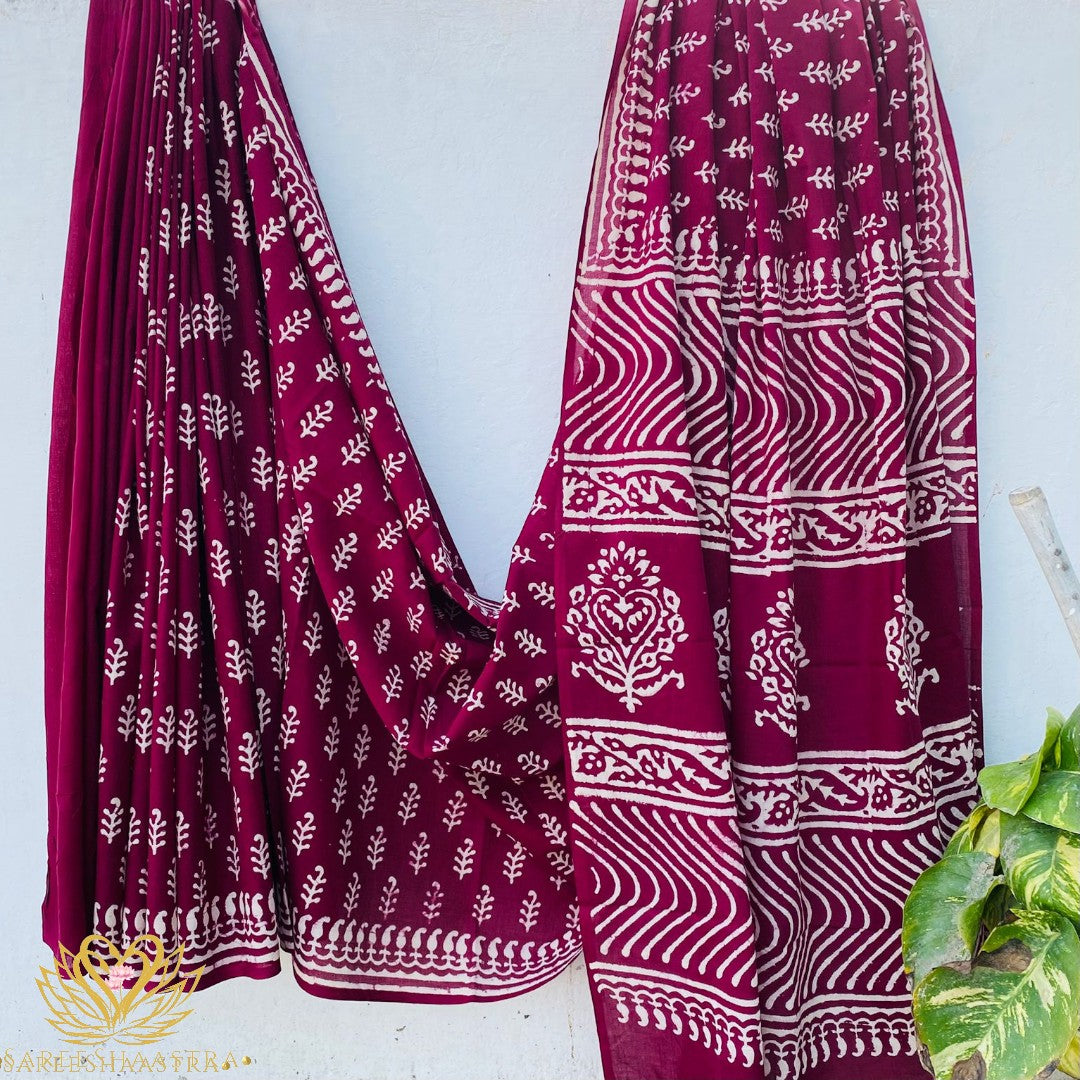 Floral Mul Cotton Saree with Jaipur Hand Block Prints