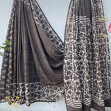 Grey Stripe Mul Cotton Saree with Jaipur Hand Block Prints