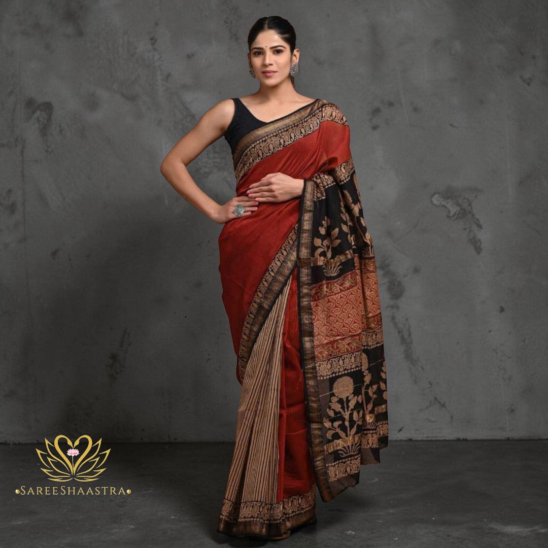 Heritage Hues Maheshwari Silk Block Print Saree