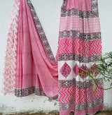 Baby Pink Stripe Mul Cotton Saree with Jaipur Hand Block Prints