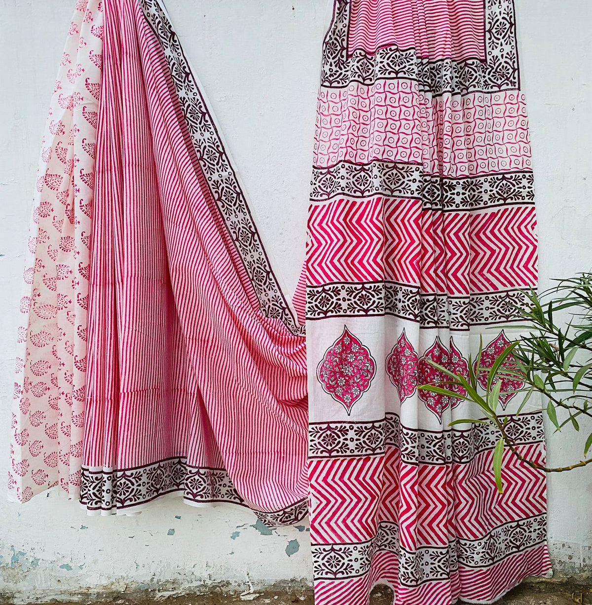 Baby Pink Stripe Mul Cotton Saree with Jaipur Hand Block Prints