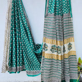 Teal Floral Mul Cotton Saree with Jaipur Hand Block Prints