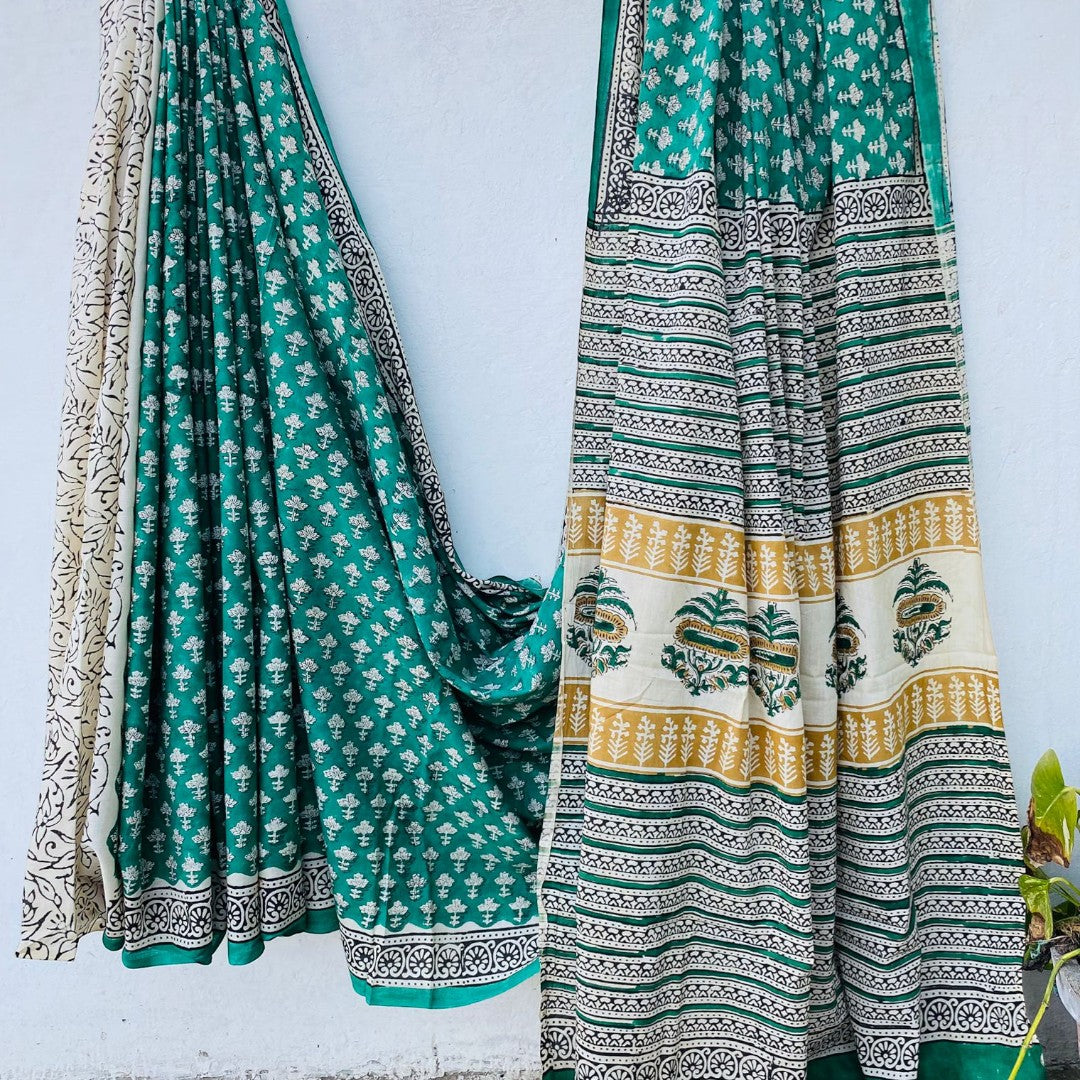 Teal Floral Mul Cotton Saree with Jaipur Hand Block Prints