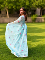 Gingham & Floral Linen Cotton Saree