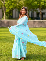 Gingham & Floral Linen Cotton Saree
