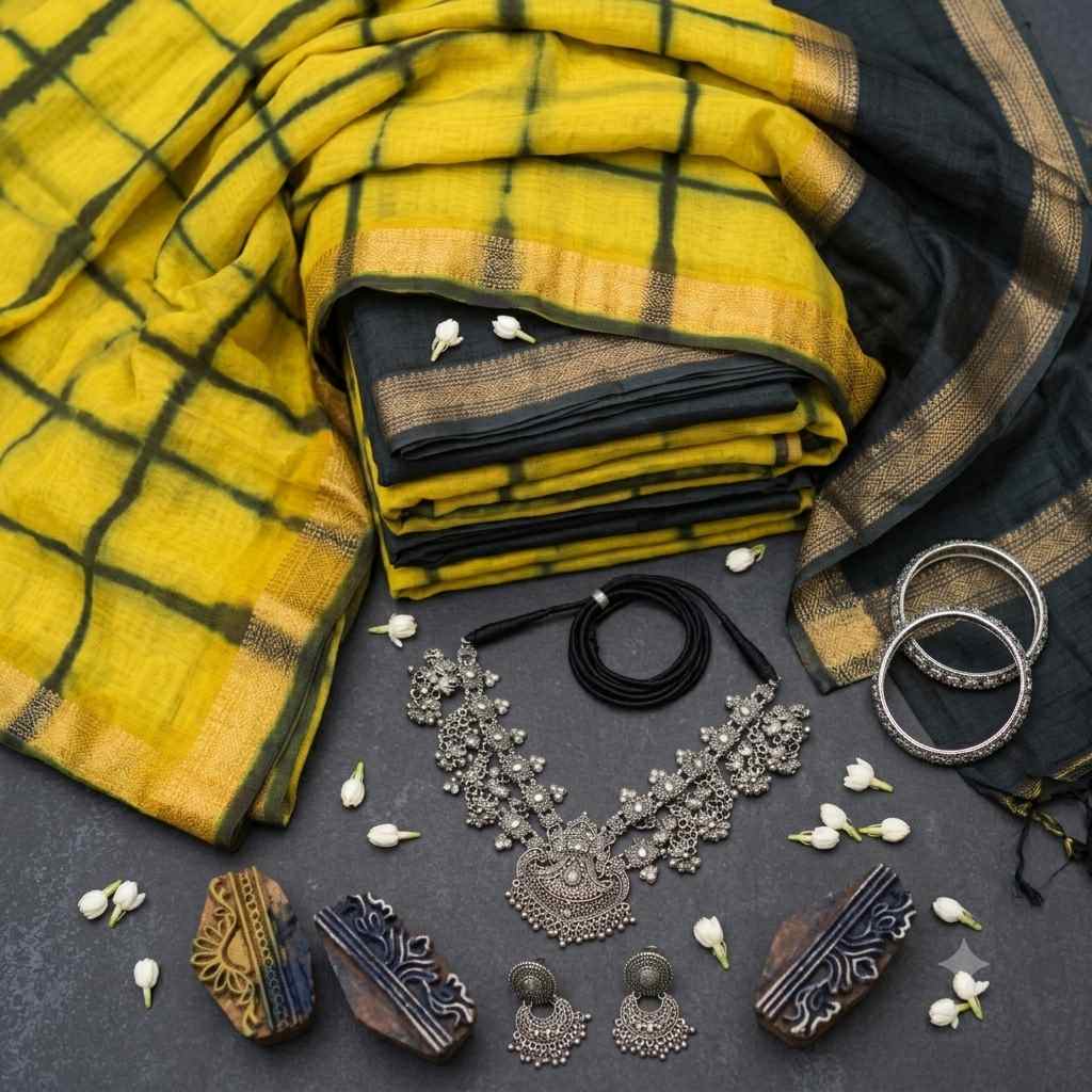 Lemon Yellow and Midnight Blue Shibori Maheshwari