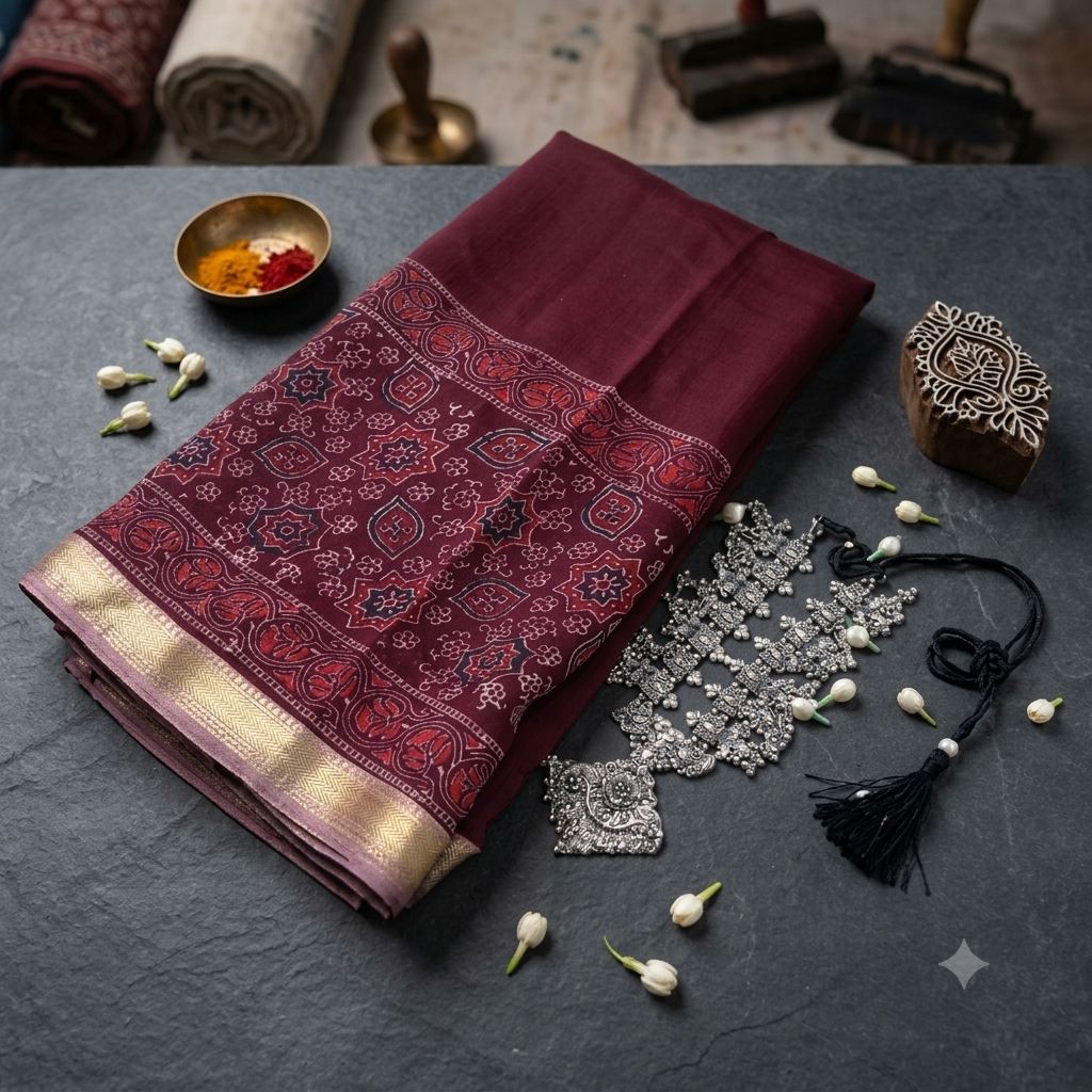 Maroon Ajrakh Bagru Maheshwari