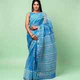 Blue Dusk Kota Doria with Floral Block Prints