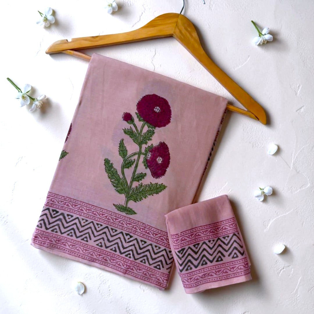 Pink floral  Hand Block Mul cotton Saree
