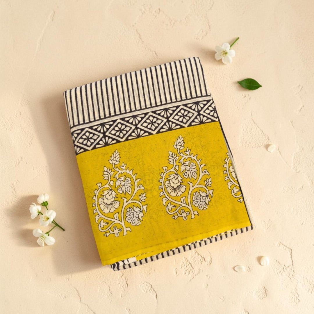 Mustard Paisley — Screen Printed Mul Cotton Saree