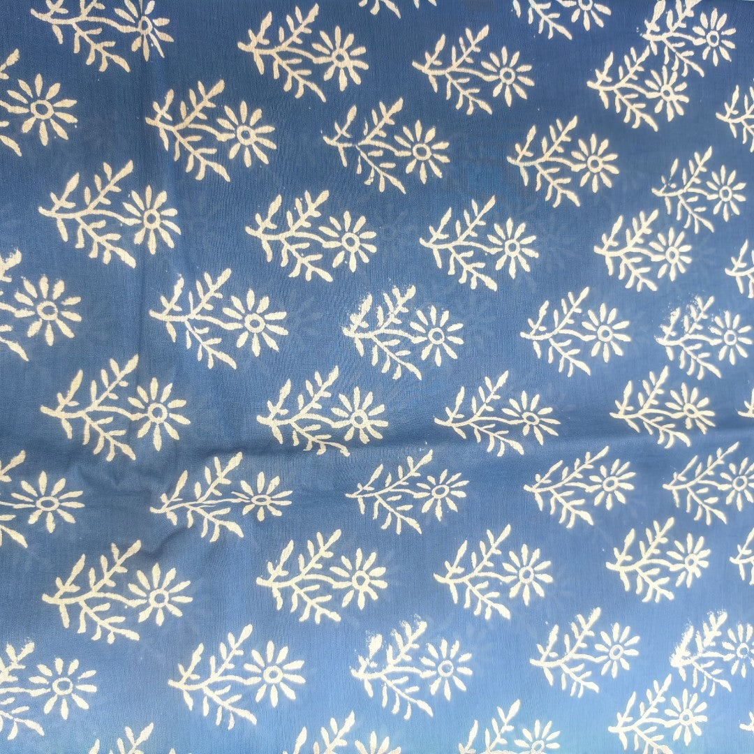 Denim Blue Hand Block Printed Mul Cotton Saree