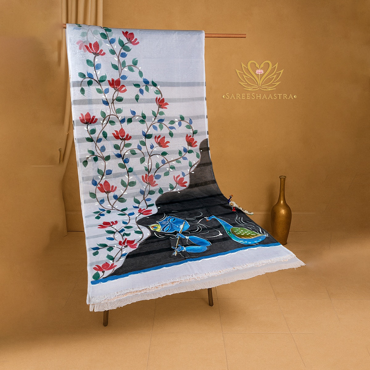 Hand Painted  Krishna mural saree